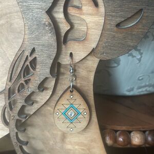 turquoise southwestern design wood teardrop earrings